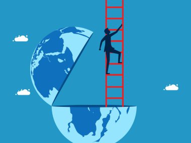 Yeni fikirler ya da fırsatlar arıyorum. İş adamı dünya vektöründen merdivene tırmanıyor