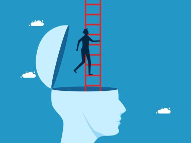 Öğrenme sınırlarının ötesine geç. Baş vektörden merdivenleri çıkan bir iş adamı.