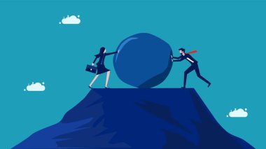 Kavgalar ve çatışmalar. Taştan bir vektör iten iki işadamı