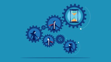 Zaman mekanizması. Vites tekerlekleri ve kum saati üzerinde iş ekibi. Vektör