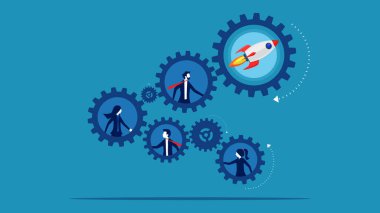 Yenilik mekanizmaları iş yaratıyor. Çarklı ve roketli iş adamları takımı. Vektör