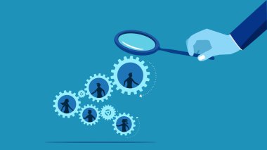 İnsan kaynakları konsepti. İşadamı çalışanları muayene etmek için büyüteç kullanıyor. Vektör