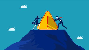 Sorun bildirim. İki işadamı ünlem işareti koymak için yarışıyor. vektör