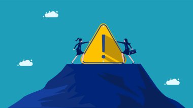 İki iş kadını ünlem işareti için yarışıyor. Problem alarmı konsepti. vektör