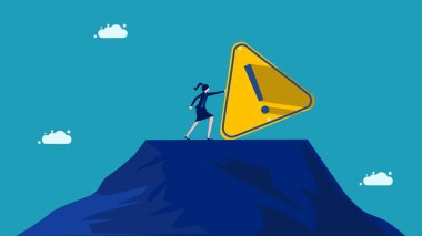 Sorun bildirim. İş kadını ünlem işareti koyuyor. vektör