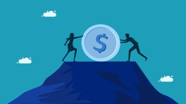İki işadamı madeni para basıyor. Finansal rekabet kavramı. Vektör