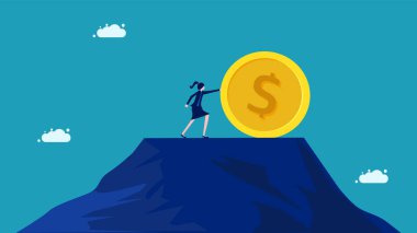 Finansal sorunları çözmek için konseptler. İş kadını madeni para basıyor. Vektör