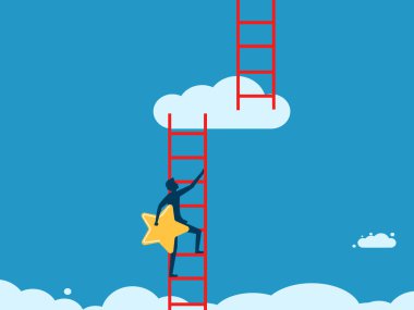 Kariyer geliştirme. Yıldızları olan bir iş adamı merdivenlerden çıkıyor.