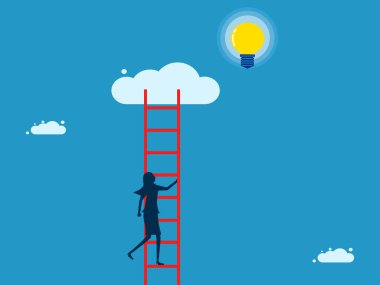 Profesyonel gelişim hakkında bilgi. İş kadını bir ampul vektörünü yakalamak için merdivene tırmanır.