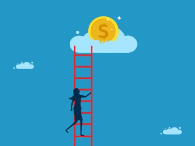 Kâr etme fırsatı. Hırslı iş kadını para almak için merdivenleri çıkıyor. vektör