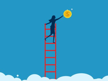 Kâr etme fırsatı. Hırslı iş kadını para almak için merdivenleri çıkıyor. vektör