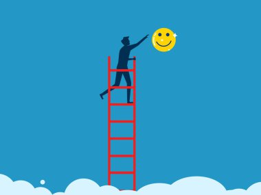 Mutluluğu bul. Adam iyimser ikonu yakalamak için merdivene tırmanıyor. Vektör