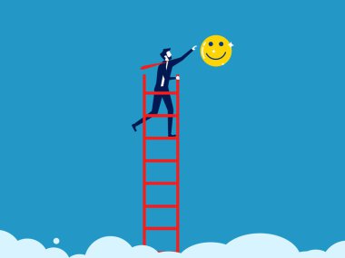 Mutluluğu keşfet. İş adamı iyimser ikonu yakalamak için merdivene tırmanıyor. Vektör