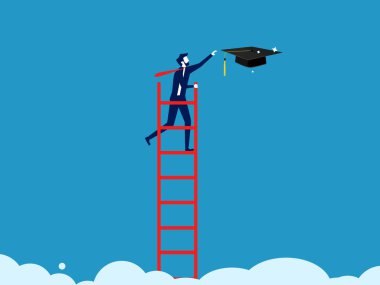 Değer eğitimi. İş adamı tırmanıyor ve bulut vektöründen yüksek bir mezuniyet şapkası alıyor.