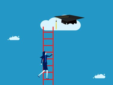 Değer eğitimi. İş kadını tırmanıyor ve bulut vektöründen yüksek bir mezuniyet şapkası alıyor.