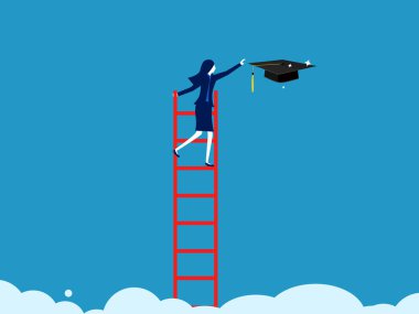Eğitim boşluğu. İş kadını tırmanıyor ve bulut vektöründen yüksek bir mezuniyet şapkası alıyor.
