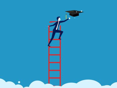 Okul veya üniversite ücretleri pahalıdır. İş adamı tırmanıyor ve bulut vektöründen yüksek bir mezuniyet şapkası alıyor.