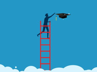 Okul veya üniversite ücretleri pahalıdır. Adam tırmanıyor ve bulut vektöründen yüksek bir mezuniyet şapkası alıyor.