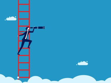 Yüksek bir merdivende dürbünle bakan bir iş adamı. vektör