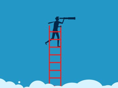 Diğerlerinden daha uzağa bak. Dürbünle uzun merdivenlerden bakan bir adam. vektör