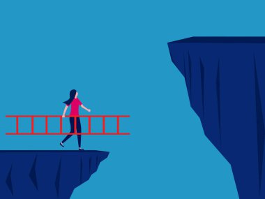 Bir çözüm bul. Merdiven tutan kadın yüksek bir uçuruma tırmanmak üzere. vektör