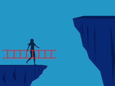 Engel kavramı. Merdiven tutan kadın yüksek bir uçuruma tırmanmak üzere. vektör