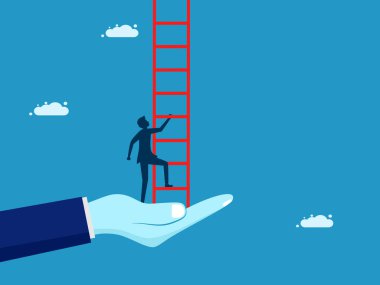 Ortaklar hedeflere ulaşmada yardımcı olur. Büyük eller merdivenleri çıkmak için iş adamını destekliyor. vektör