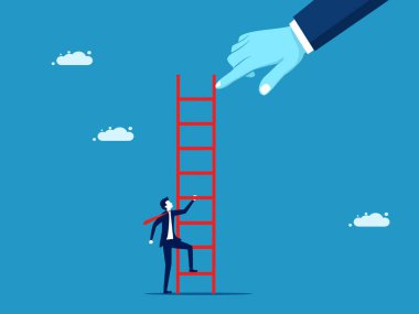 İş engelleri. Büyük el, bir işadamının merdivenleri tırmanmasını engeller. Vektör