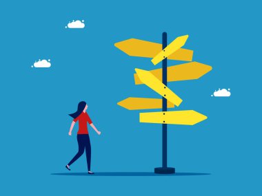Başarı için bir eylem planı seçin. Birçok yönden yol işaretlerine bakan bir kadın. vektör