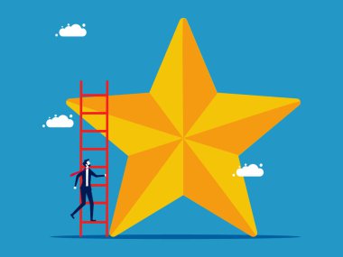 İş adamı başarıya doğru adım atar. İş adamı büyük bir yıldız vektörüyle merdivenleri çıkıyor.