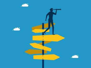 Karar ya da seçim. Yol işareti vektöründe dürbün kullanan işadamı