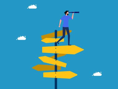 Doğru iş sorunlarını çözmek için fikirlere bakın. Yol işareti vektöründe dürbün kullanan adam