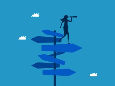 Doğru iş sorunlarını çözmek için fikirlere bakın. Yol işareti vektöründe dürbün kullanan iş kadını