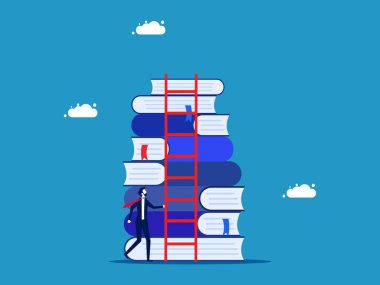 Başarı için eğitim. İşadamı merdiven vektörüyle kitap yığınına tırmanıyor.