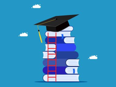 Başarı için öğreniyorum. Merdivenli ve mezuniyet şapkalı bir yığın kitap. Vektör