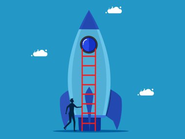 Yenilik yaratmaya çalış. İşadamı merdiven vektörüyle rokete tırmanıyor