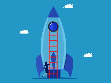 Yeniliğe başla. İş kadını merdiven vektörüyle rokete tırmanıyor