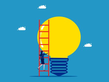 Zorlu bilgi. İş kadını bir ampulün üzerinde merdivene tırmanır. Vektör