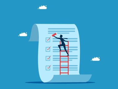 Proje süreci. Elinde kalem olan bir işadamı, belge vektörünü kontrol etmek için merdivenleri çıkıyor.