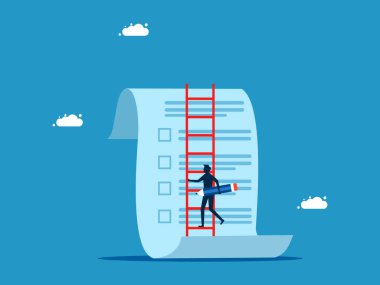 İşlemleri kontrol et. Kalem tutan bir iş adamı bir raporu kontrol etmek için merdivene tırmanır. Vektör