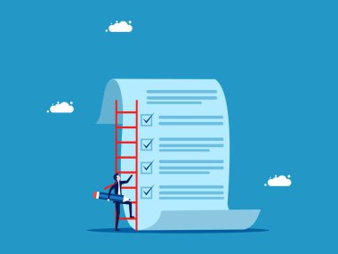 Proje belgelerini kontrol et. Kalem tutan bir iş adamı bir raporu kontrol etmek için merdivene tırmanır. Vektör