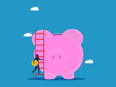 Para biriktirme sözü. Bozuk para tutan bir işadamı bir domuz kumbarasına düşmek için merdivene tırmanır. Vektör