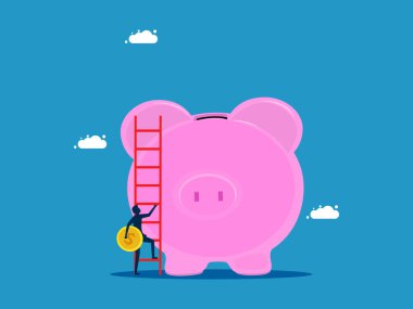 Sabırla para biriktiriyorum. Bozuk para tutan işadamı bir domuz kumbarasına düşmek için merdivene tırmanıyor. Vektör