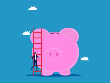 Para biriktirme mücadelesi. İşadamı bir domuz kumbarasına merdivenle tırmanır. Vektör