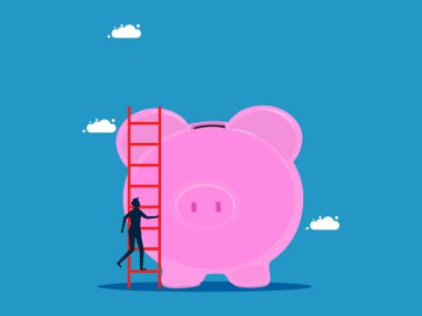 Para tasarruf fikirleri. İşadamı bir domuz kumbarasına merdivenle tırmanır. Vektör