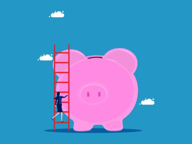 Para tasarruf fikirleri. İş kadını bir domuz kumbarasına merdivenle tırmanır. Vektör