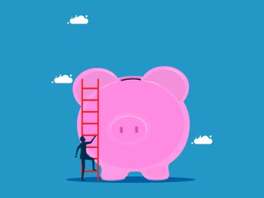 Para biriktirmeye çalış. İşadamı bir domuz kumbarasına merdivenle tırmanır. Vektör