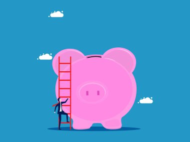 Para biriktir. Adam domuz kumbarasına merdiven çıkıyor. Vektör