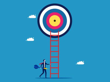 Başarıya odaklan. Dart tutan bir işadamı hedef vektöre giden merdivenleri tırmanır.