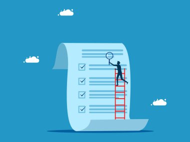 Raporu kontrol et. Elinde büyüteç tutan bir iş adamı, belge vektöründe merdivene tırmanır.